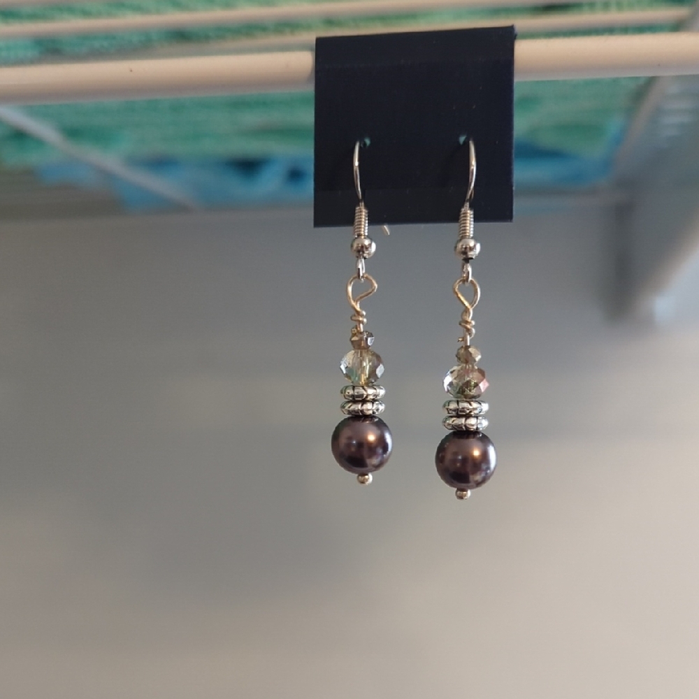 Silver and Brown Pearl Dangle Earrings